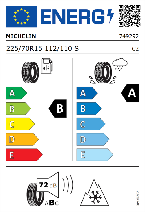 Tyre Label for Michelin Agilis 3 225/70R15 112/110S