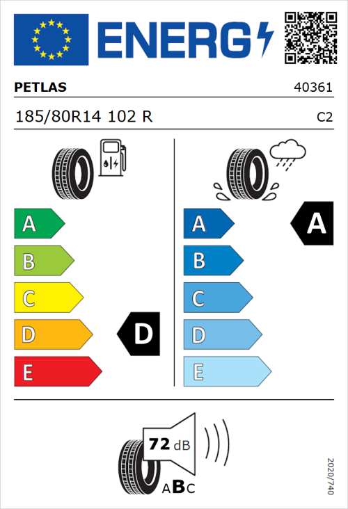 Tyre Label for Petlas Full Power PT825 185/80R14 102R